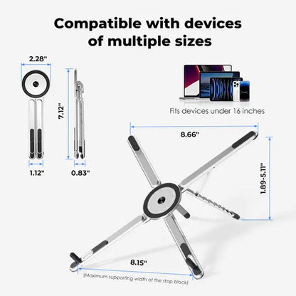 Viozon Ergonomic Foldable Laptop Stand - 8 Heights Adjustable Aluminum PC Riser with Magnetic Phone Holder, Desk Accessories, Work Accessories, Cool Work Gadgets for Home Office (10-16” Laptops, 4-13” Phones/Tablets, Silver)