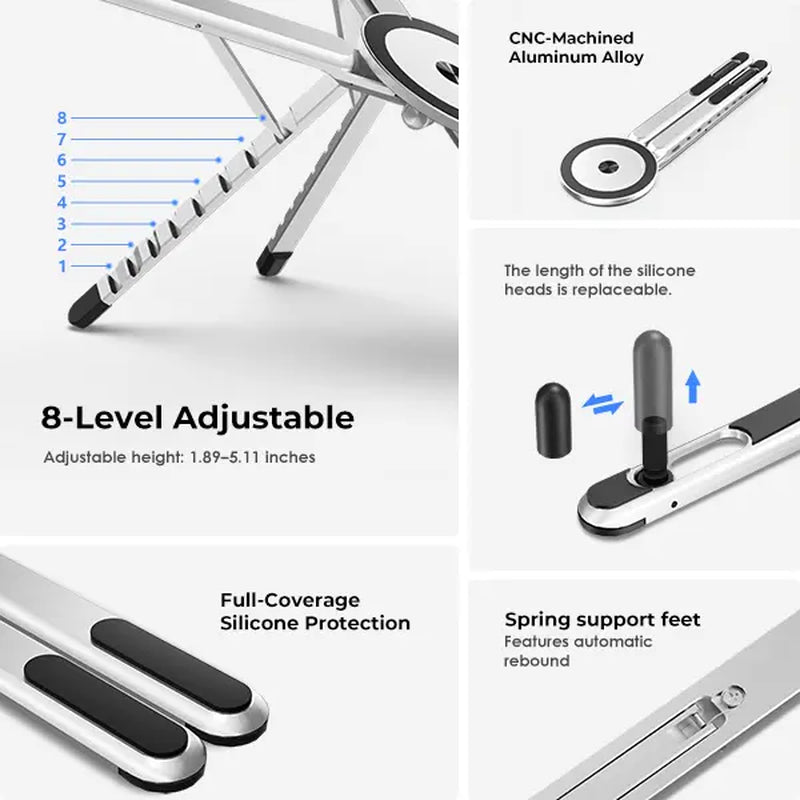 Viozon Ergonomic Foldable Laptop Stand - 8 Heights Adjustable Aluminum PC Riser with Magnetic Phone Holder, Desk Accessories, Work Accessories, Cool Work Gadgets for Home Office (10-16” Laptops, 4-13” Phones/Tablets, Silver)