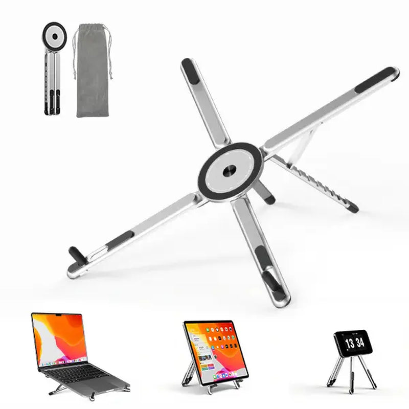 Viozon Ergonomic Foldable Laptop Stand - 8 Heights Adjustable Aluminum PC Riser with Magnetic Phone Holder, Desk Accessories, Work Accessories, Cool Work Gadgets for Home Office (10-16” Laptops, 4-13” Phones/Tablets, Silver)